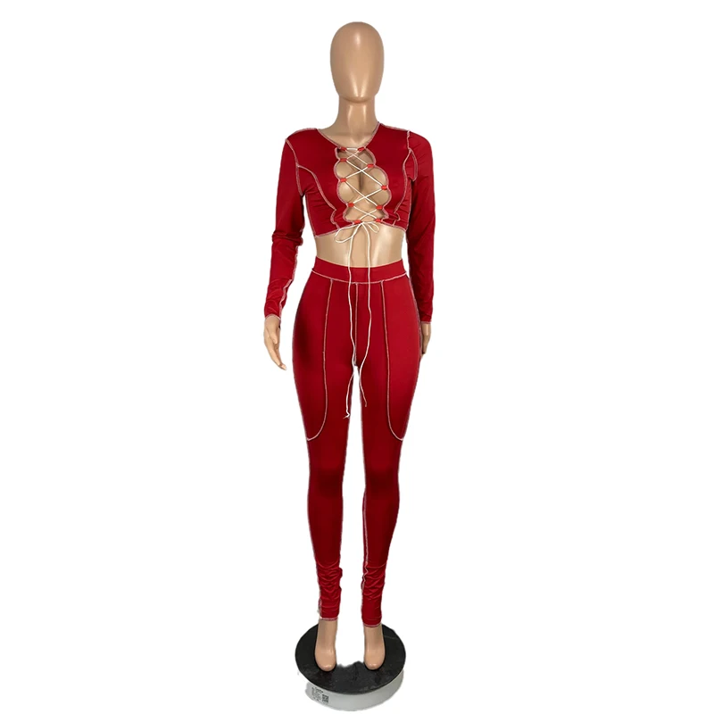 

Women Party Club Two Piece Set Sexy Hollow Out Lace Up Long Sleeve Crop Tops Solid Bodycon Empire Pants Female Matching Sets