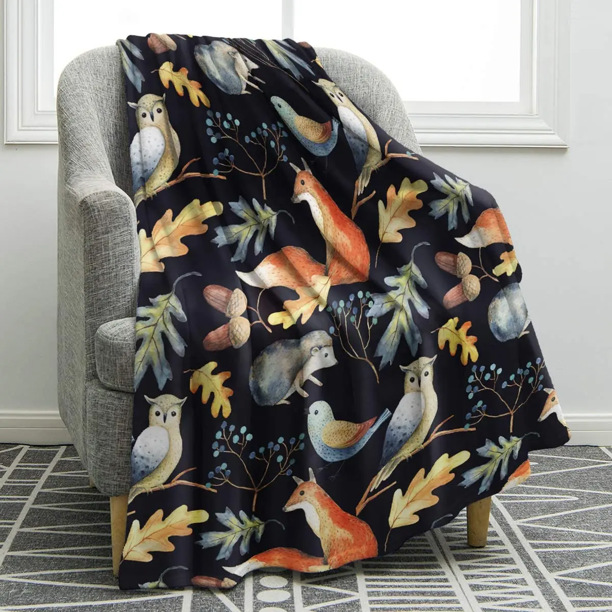 

Owl Fox Blanket Forest Animals Throw Hedgehog Leaves Berries Acorns Pattern Print Blanket Soft Warm Cozy for Sofa Chair Bed