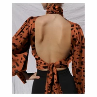 leopard print fashion high neck satin silk top sexy hollow open back shirt top elegant autumn long sleeved pleated top xl goth