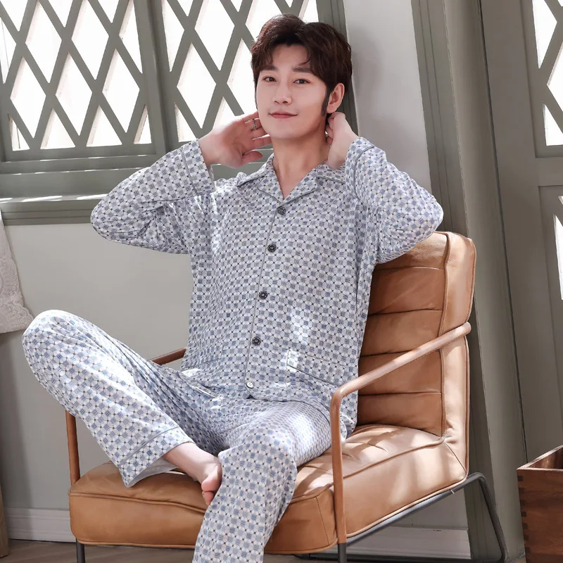 

2020 Long Sleeve Casual Plaid Pajamas for Men Autumn Winter Sleepwear Home Wear Cotton Pyjamas Mens Lounge Pajama Sets Plus Size