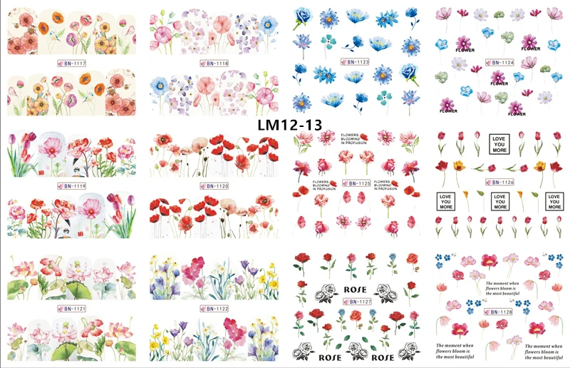 12 Designs Watermark Nail Art Decoration Water Decals Flower Flamingo Bird Rose Sticker Manicure Sliders Adhesive Tip BN913-924