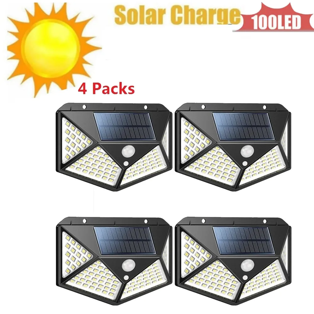 

1-4pcs 100LED Solar Power Street Wall Lamp PIR Motion Sensor Garden Security Lamp Waterproof IP65 Wireless Wall Lights 4 sided