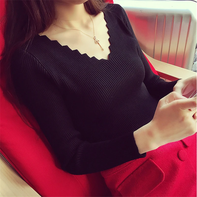 Black white Autumn Winter Sweater Women solid Knitted Pullovers long sleeve tops Wave Cut V-neck Basic office | Женская одежда