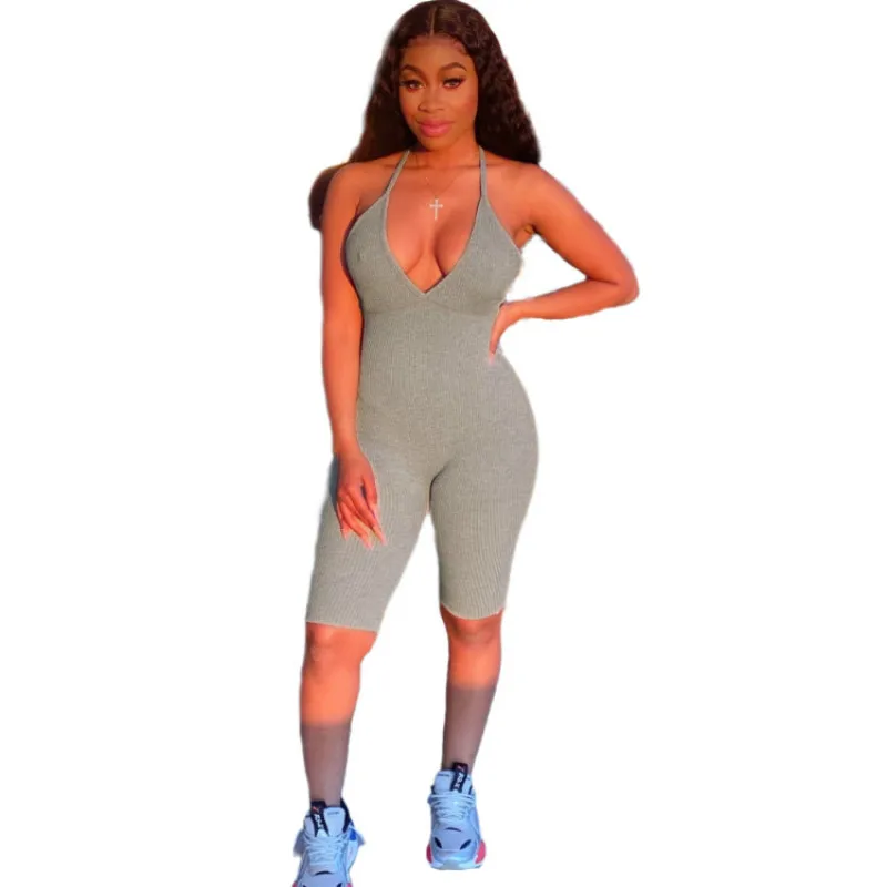 

Lounge wear Fitness Knit Rib Playsuit Summer Sexy Deep V Neck Backless Biker Shorts Sportswear Bodycon Rompers Women Jumpsuit