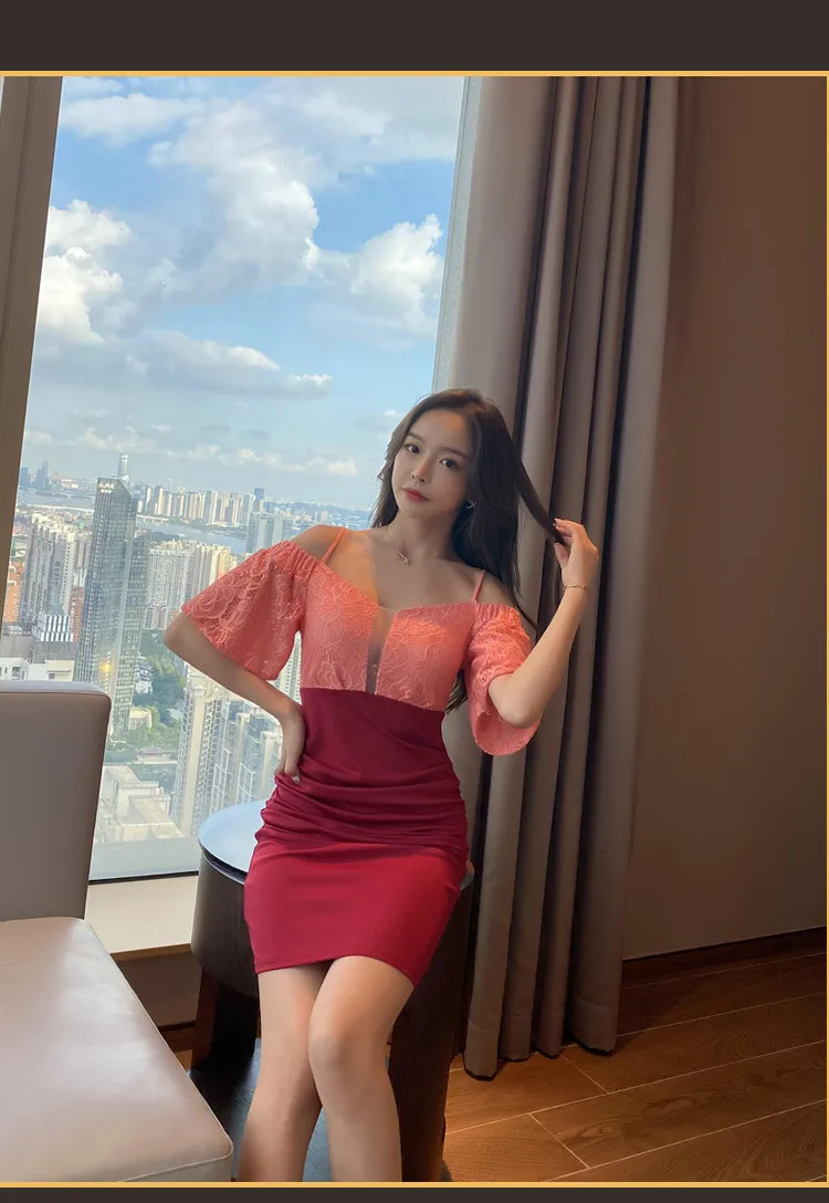 

Nightclub sexy off-shoulder sling female summer night field bag hip slim slim dress Office Lady Polyester Sheath Knee-Length