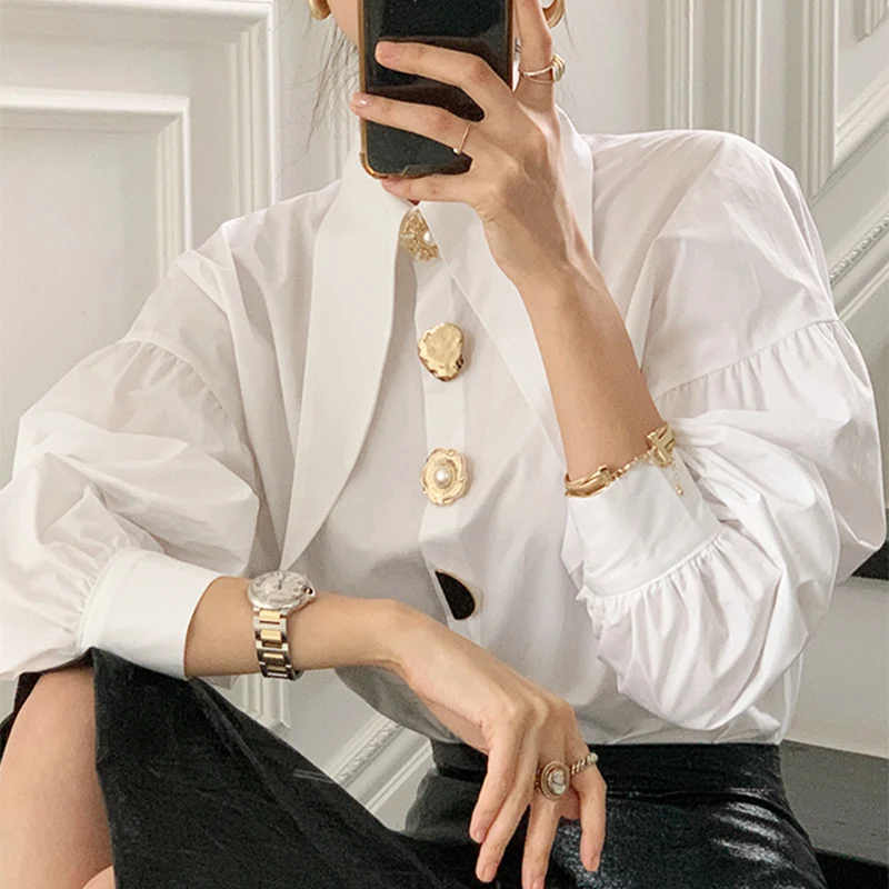 

2021 Spring Women New Sweet Blouse Pointed Collar Long Lantern Sleeve Single Breasted White Minimalist Loose Shirt