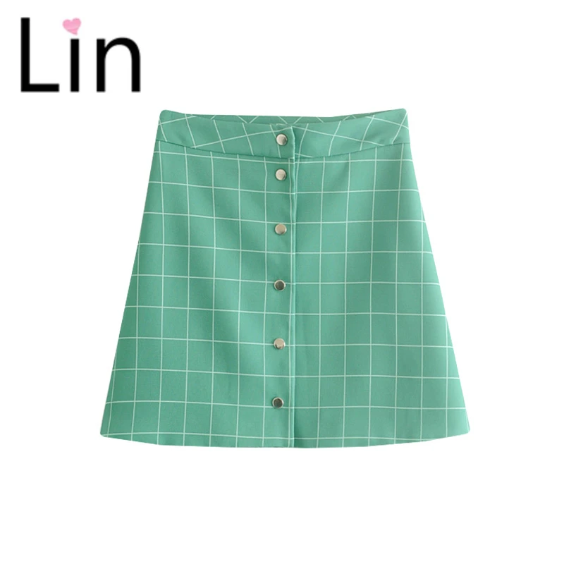 Lin Франция шик зеленый тартан мини юбка с принтом центральные значки Для женщин
