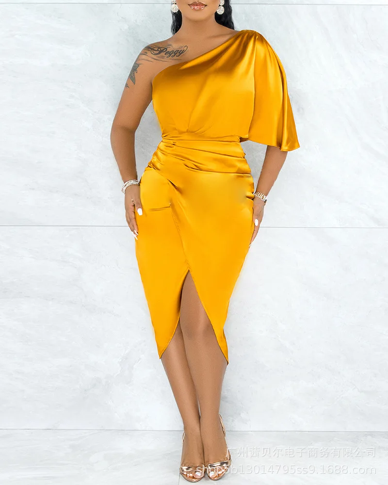 

Satin formal dress sexy one shoulder solid color high waist calf women's irrgular long dress 2021