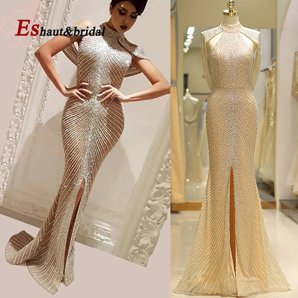 

Generous Front Split Evening Night Dresses for Women 2022 Long Dubai Arabic Crystal Mermaid High Neck Formal Wedding Party Gown