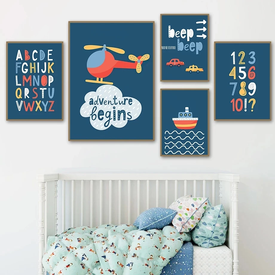 

Cartoon Number Alphabet Ship Helicopter Car Wall Art Canvas Painting Nordic Posters and Prints Wall Pictures for Kids Room Decor