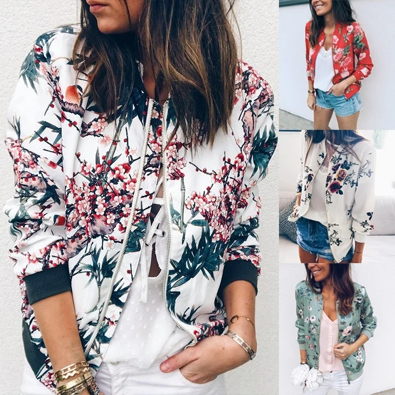 

Women Retro Floral Print Round Collar Zipper Baseball Jacket Long Sleeve Female Coat Casual Zipper Up Bomber Jacket Outwear