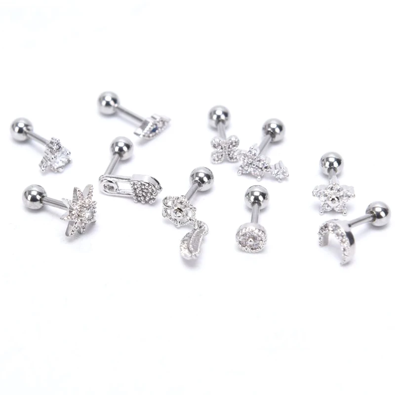 Cartilage Stud Moon Star Heart Cross Flower Crown Helix Tragus Piercings Conch Rook Earring Piercing Jewelry | Украшения и