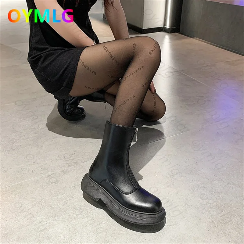 

Ботинки-мартинсы женские, Осень-зима 2021, черные, на толстом каблуке, на молнии, мотоциклетные ботинки