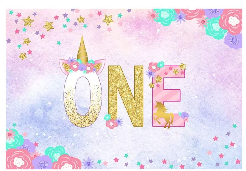 Unicorn First Birthday Watercolor Photo Studio Booth Background Props Colorful Stars Floral Princess One Magical Birthday Party enlarge