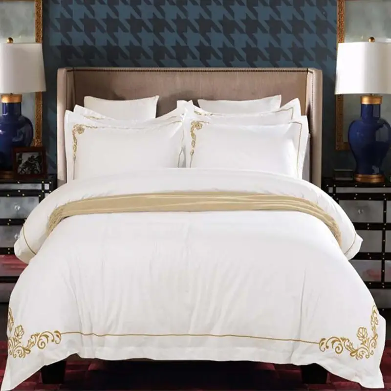 50 100% Cotton High quality Fabric 5 stars Hotel Bedding set Embroidery solid color pure white Sheet+2Pillowcase+Duvet Sets | Дом и сад