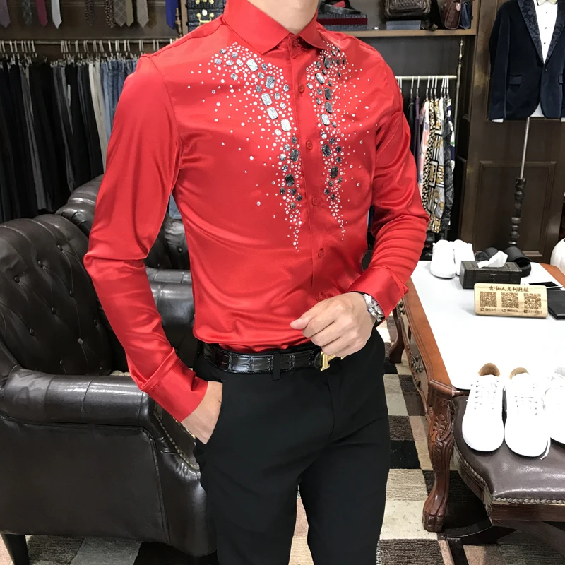 2020 New Brand Fashion Casual Men Shirts Business Slim Fit Red diamond sequins Auger Social Shirt Male Singer Stage Mens Shirt