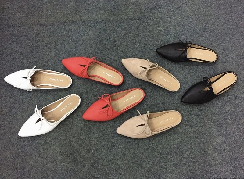 

New Fashion 2021 Autumn Butterfly-Knot PointedToe Genuine Leather Joker Mulles Concise Daily Slippers Single Flat Women Shoes