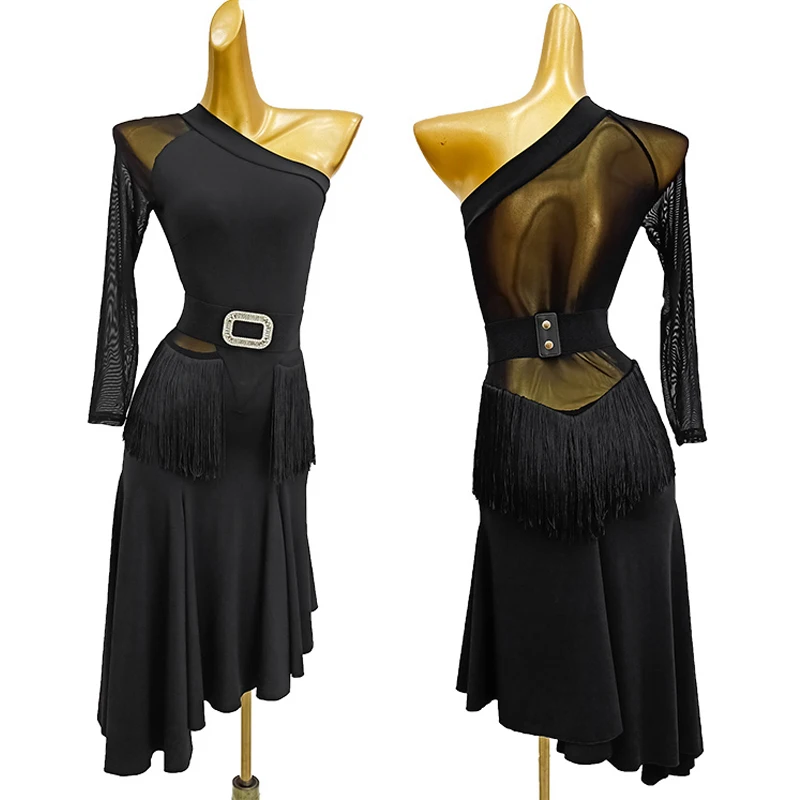 Женское платье для латиноамериканских танцев черное Сетчатое с одним рукавом и