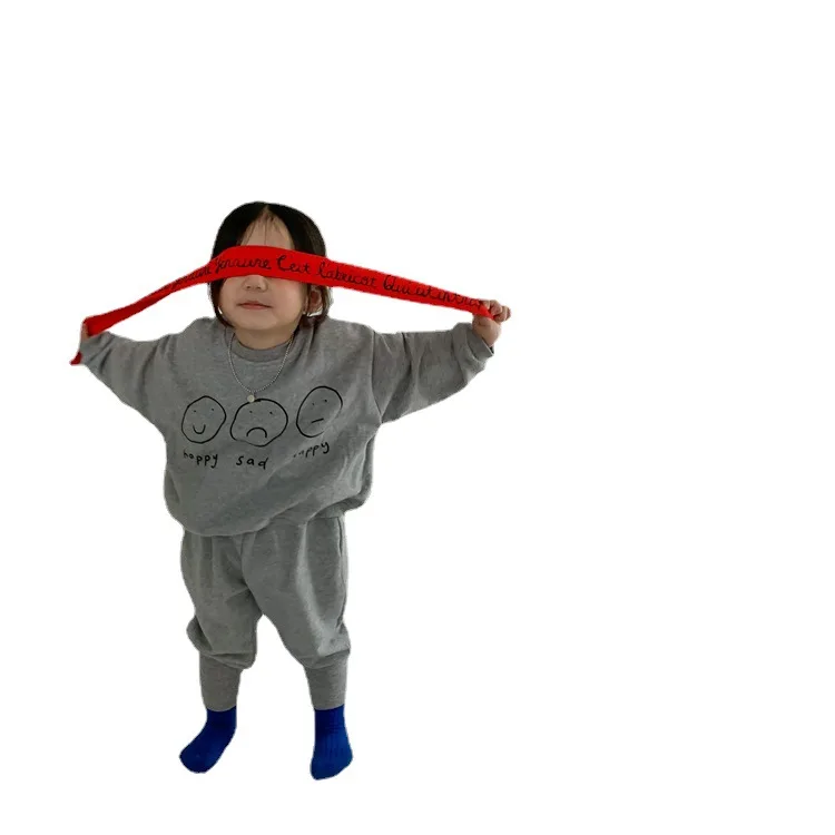 

spring 2021 new Korean children wear baby girls fleece printing grey sweatshirt and pants