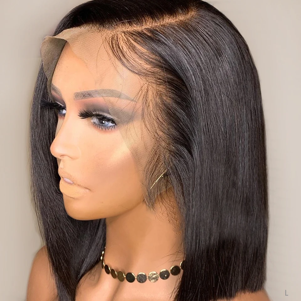 

Remy Jet Black Transparent Lace Front Human Hair Wig For Woman Blunt Cut Short Bob With Baby Hair Natural Hairline Bleached Knot
