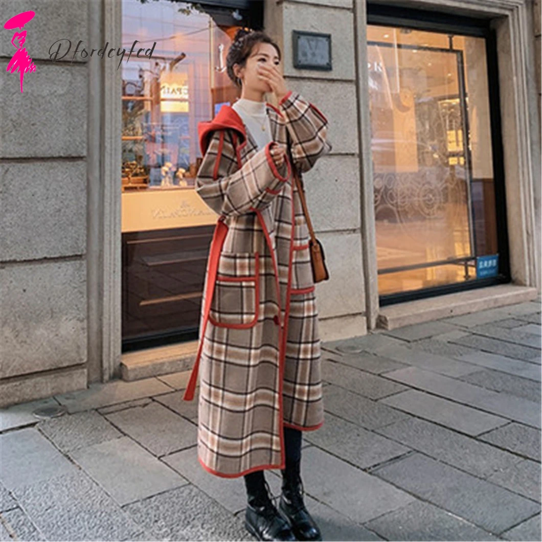 

2021 New Autumn Winter Trench Coat Women Clothes High Quality Red Plaid Overcoat Women Over The Knee Loose Thick Coat Z639