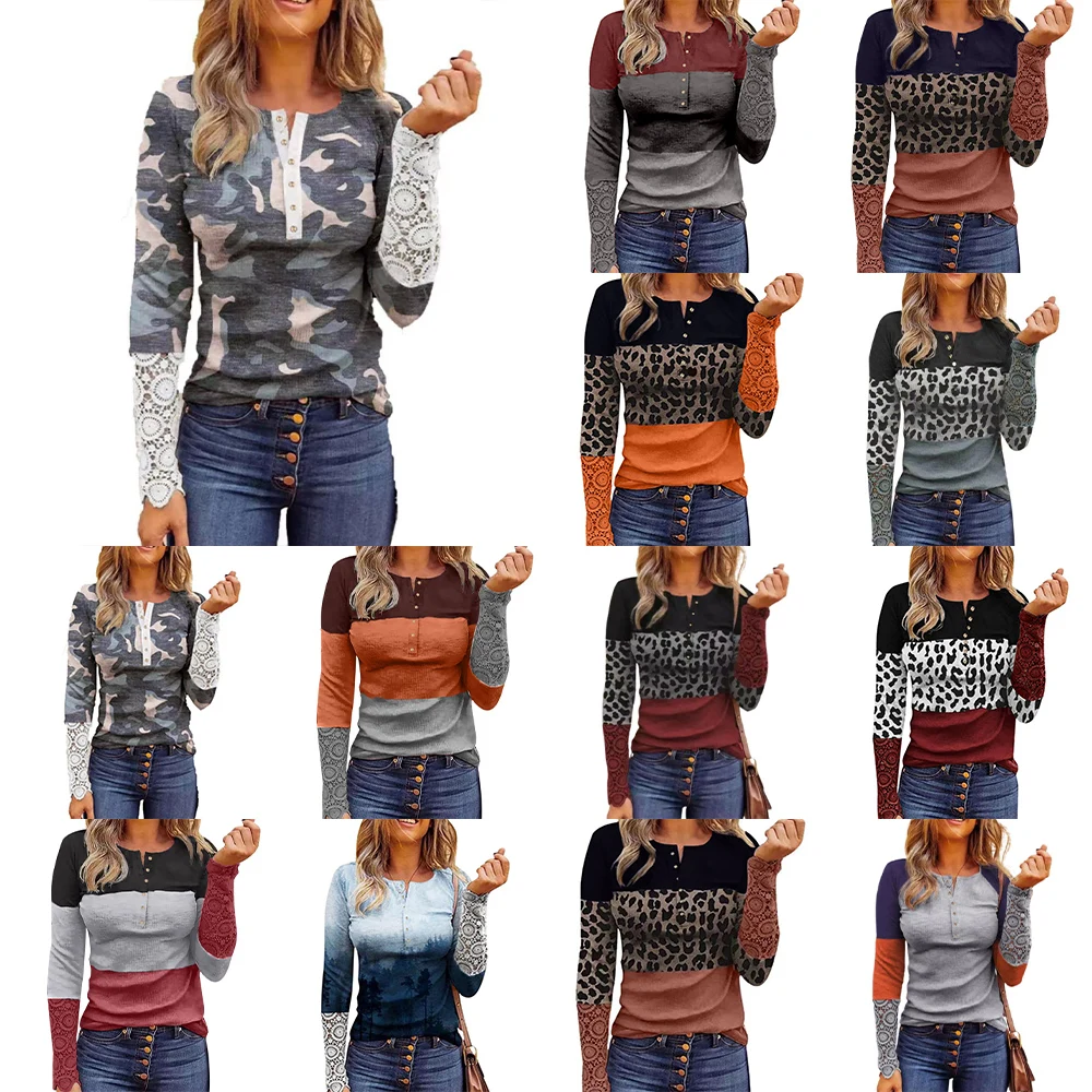 

Patchwork Women T-Shirt Tops Long Sleeve Round Neck Striped Printed Ladies Blouses Tshirt Tee Shirt Autumn Spring