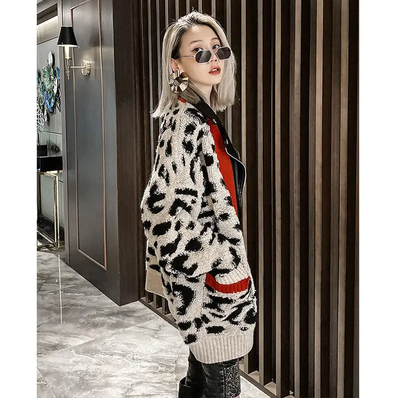 Bella philosophy 2020 autumn Winter Fashion Women Leopard Knitted sweater lady casual Leather Jacket Female Loose Cardigan Coat |
