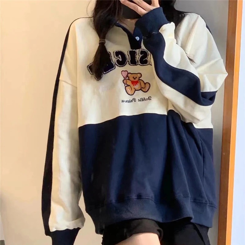 

Женский свитшот с принтом медведя, Повседневный пуловер популярного цвета в стиле Харадзюку, уличная одежда, осень-весна