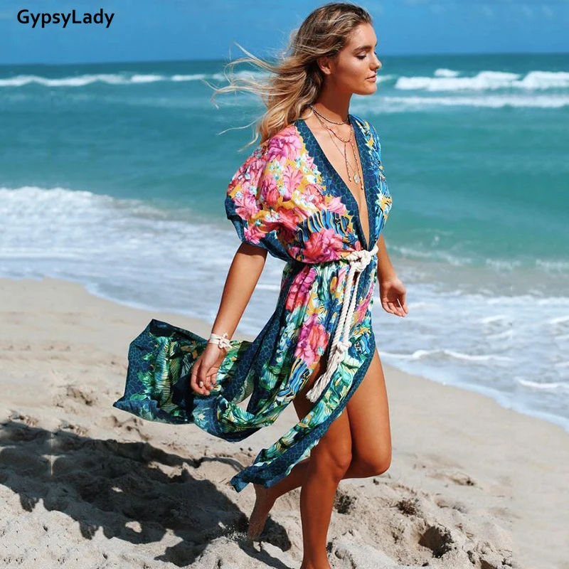 

GypsyLady Floral Long Cardigan Kimono Vintage Boho Blouses Summer Women Belted Girl Beach Vocation Blouse Tunic Bikini Cover Top