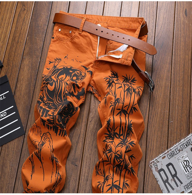 2021 New Men's Pants Fashion Chinese Ink Wash Painting Printed Jeans Tiger Slim Fit Stretch Denim Trousers 30-38