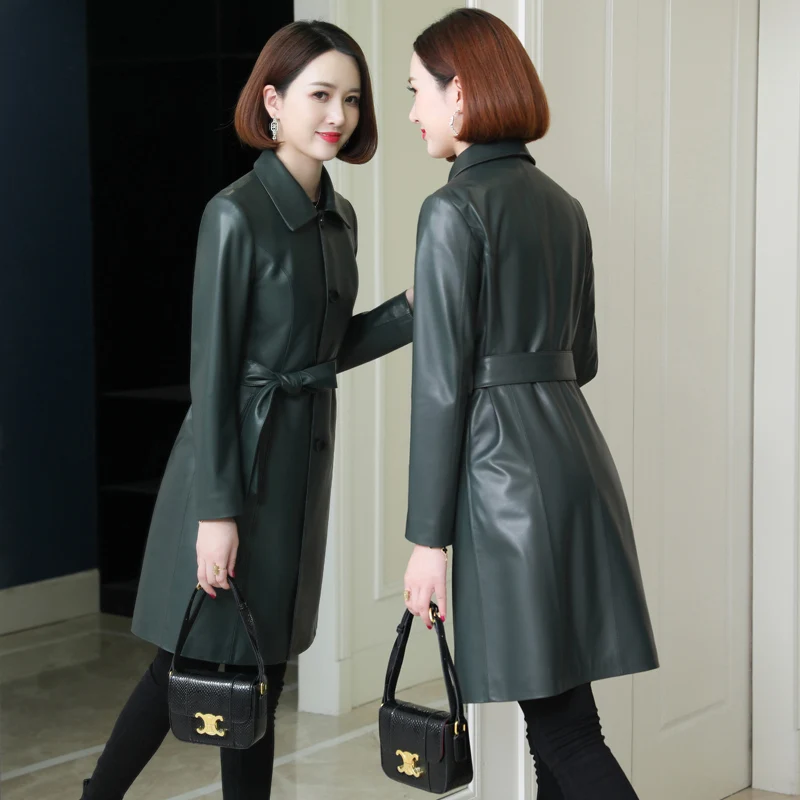 

Autumn winter Haining leather windbreaker women's 2020 new middle-aged mother slim sheepskin long coat overcoat