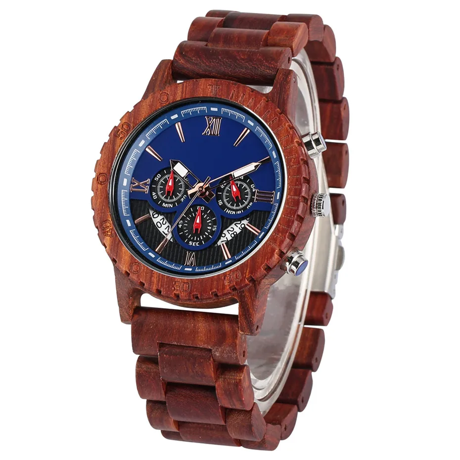 

Sport Men's Watch Chronograph Calendar Male Timepiece Quartz Movement Luxury Red Wooden Watch Case Folding Clasp reloj masculino