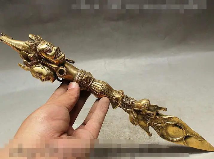 Большой 14 &quot35 см Тибетский Буддизм 3 Махакала Будда Глава Пурба Кинжал держатель