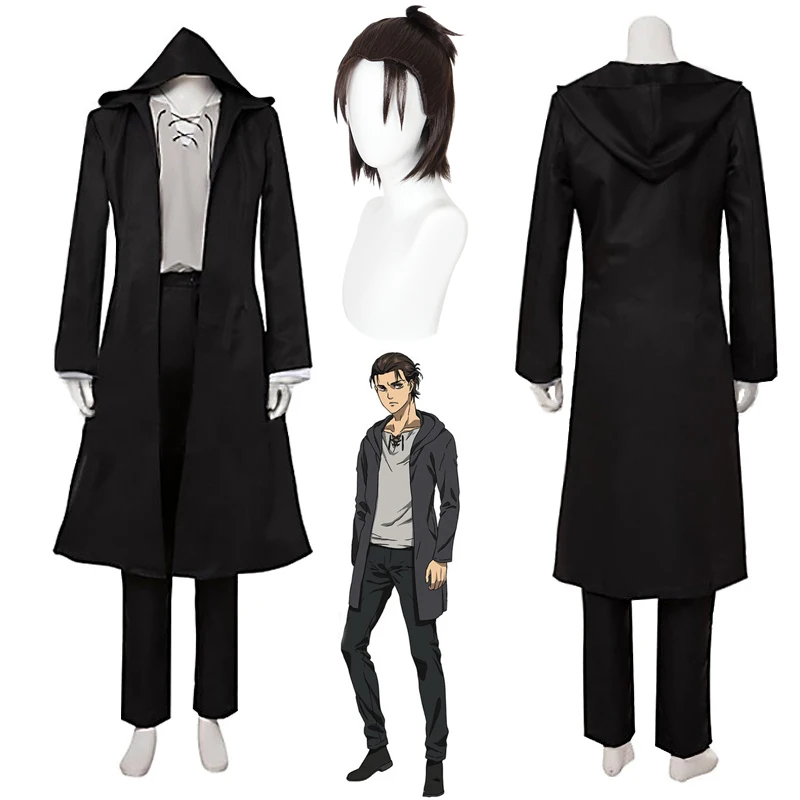 

Attack on Titan Eren Jaeger Cosplay Costume Anime The Last Season Black Coat Uniform Wig Set Women Men Halloween Carnival