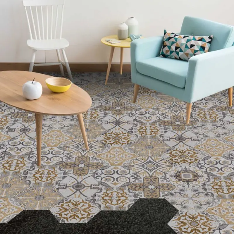 

10 PCS Hexagon Retro Pattern Tile Floor Sticker PVC Bathroom Kitchen Waterproof Wall Stickers Home Decor TV Sofa Wall Art Mural