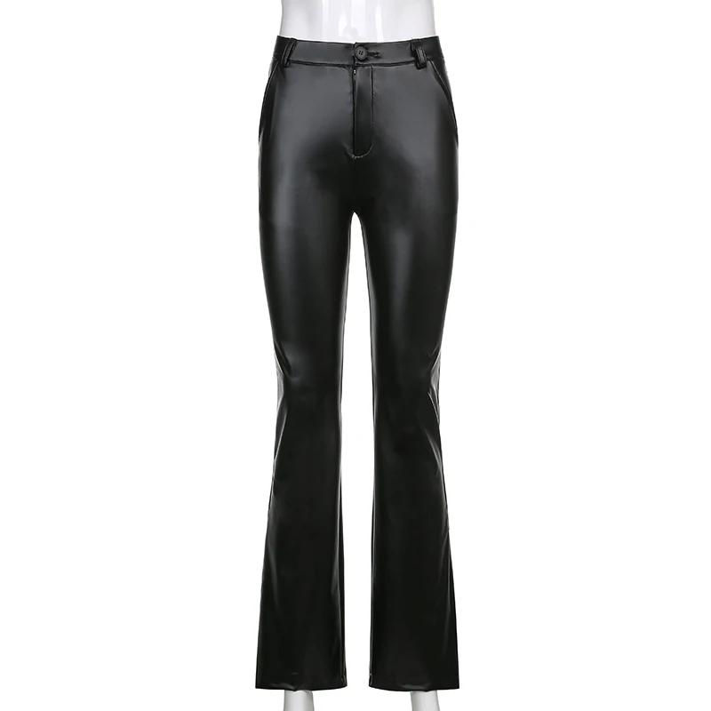 

Yuqung Black Women Causal Faux Leather Pu High Waist Long Flare Pants Slim Spring Party Club Streetwear Trousers Female
