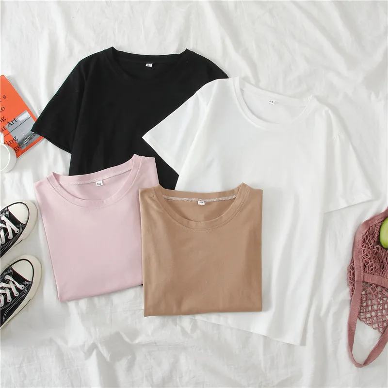 

harajuku cotton loose woman tshirts Summer korean Black White pink women T-shirt O-neck Casual solid Tops Tees 90s girls T Shirt