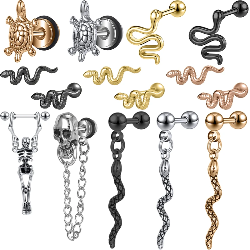 

AOEDEJ 16G Snake Earring Stainless Steel Long Snake Studs Earring Punk Skull Ear Studs Tortoise Skull Earring Men Punk Jewelry