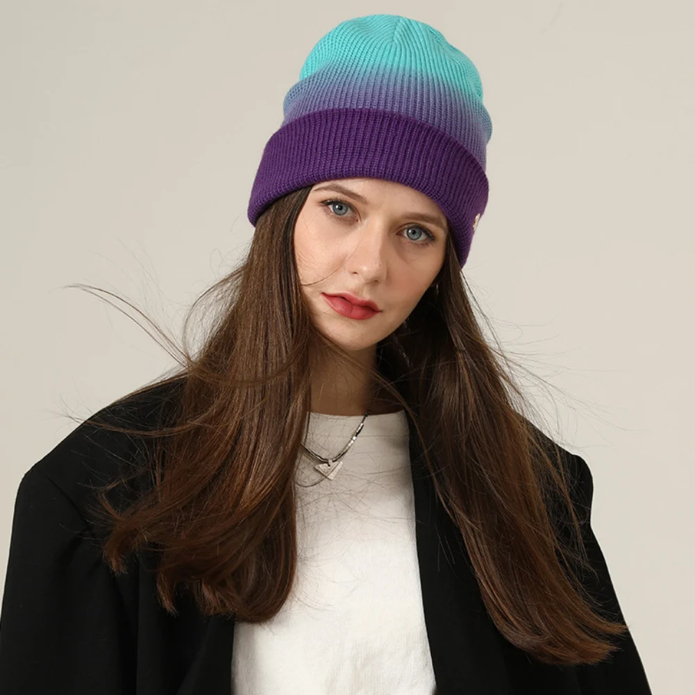 

Women Beanie Hats Winter Woolen Keep Warm Hat Striped Gradient Hedging Knitted Caps Tie-dye Colorful Hip Hop Hat