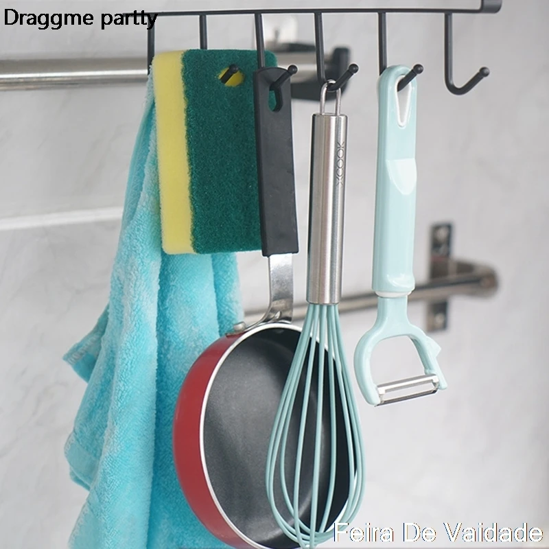 

Storage Rack Organiser Rack Kitchen Hook Tools Black And Whi 6 Hooks Cup Holder Hang Multifunctional Kitchen Cabinet Shelf Metal
