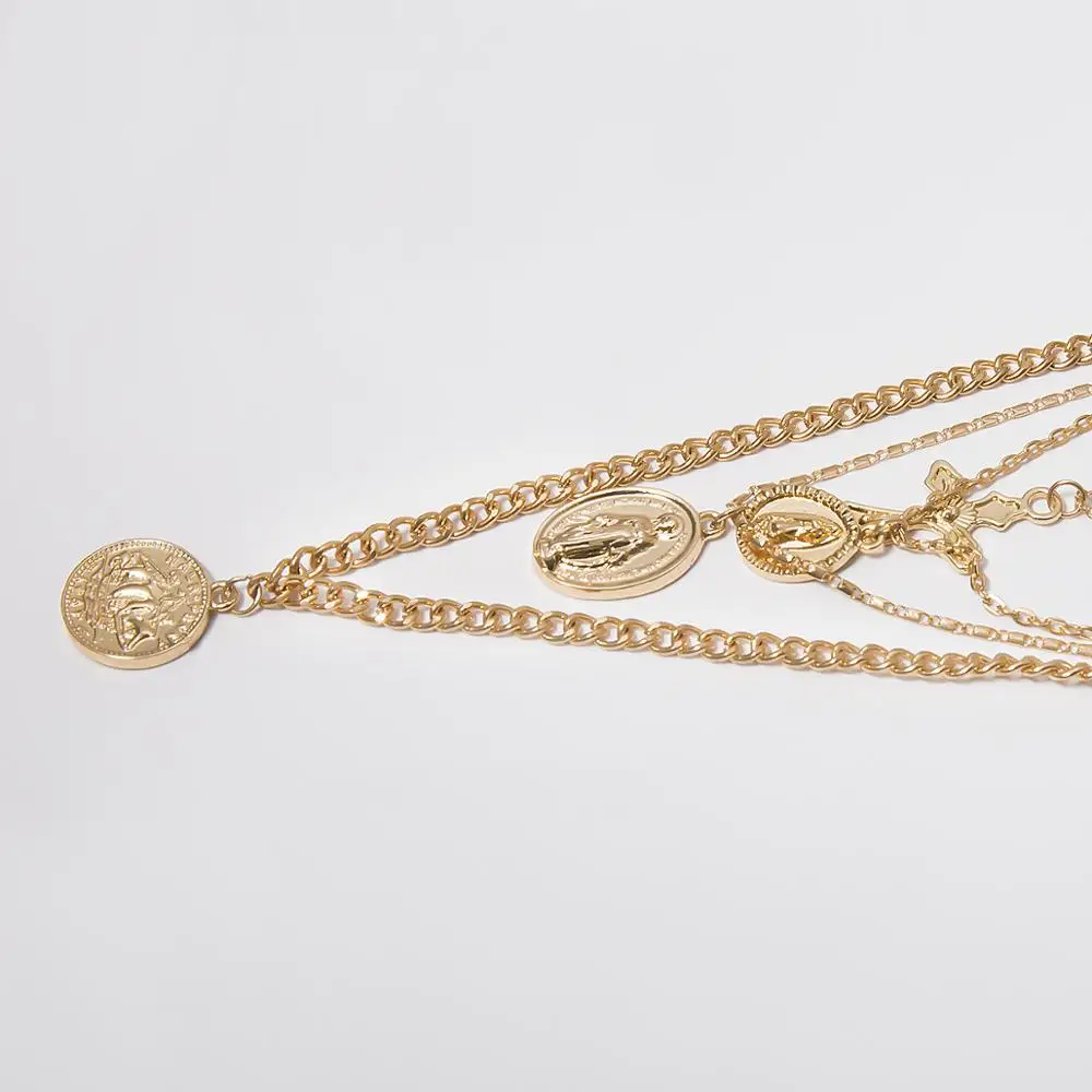 

New Multi Layer Carved Coin Angel Pendant Choker Necklace Gothic Virgin Mary Cross Chunky Chain Long Necklace Women Jewelry