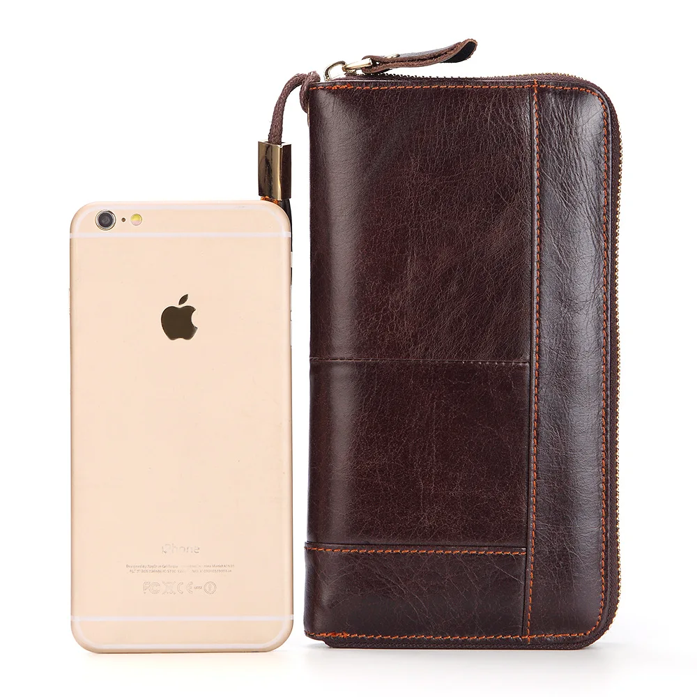 

New Wristband Men Clutch Wallet Cowhide Leather Business Handhold Zipper Mobile Phone Pouch Bag Men's Cards Cash Purse
