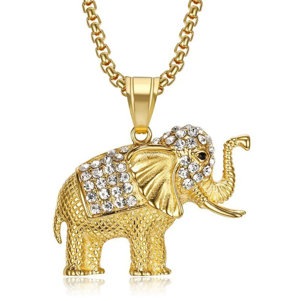 

Hip Hop Iced Out Bling Elephant Pendant Female Gold Color Stainless Steel Cubic Zirconia Animal Necklace For Women Jewelry Gift