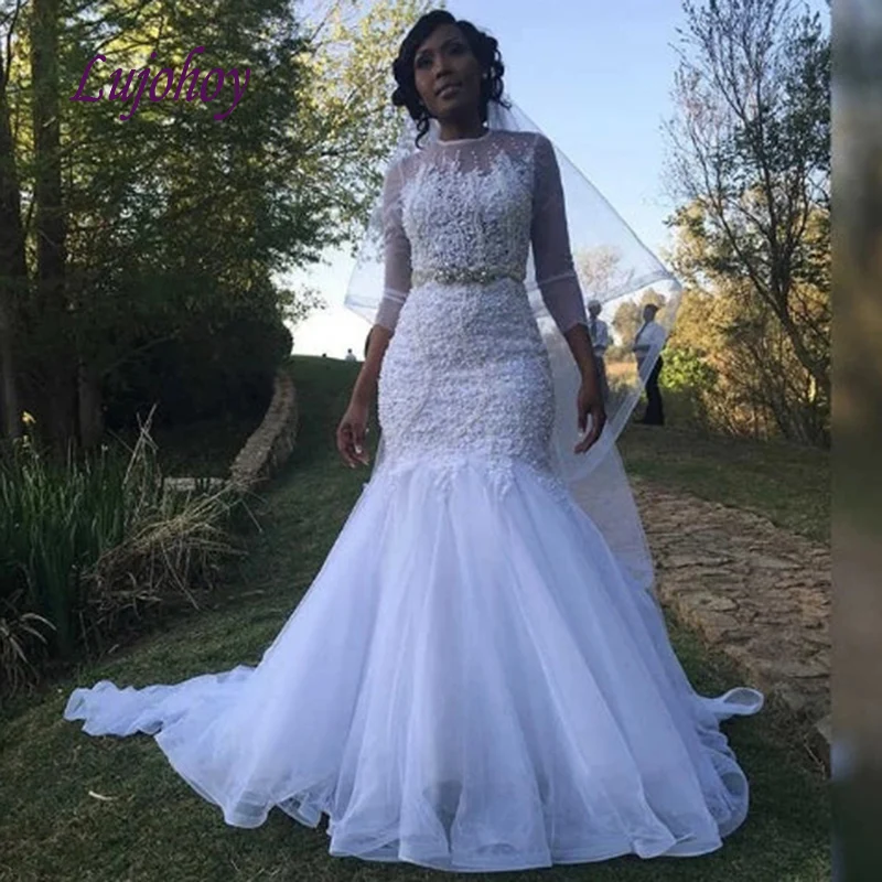 

Long Sleeve Lace Wedding Dresses Mermaid Plus Size White Ivory Tulle Women Girl African Bridal Bride Gown