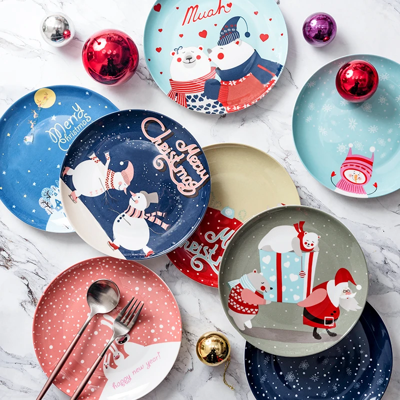 

Ceramic Dinner Plate Christmas Cartoon Santa Claus Hand-painted Breakfast Dish Dessert Steak Fruit Plates Kitchen Tableware