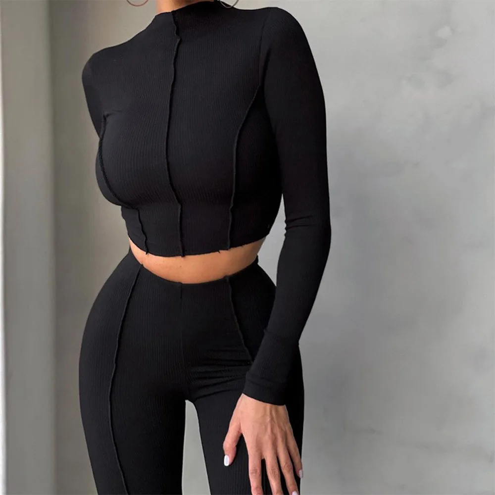 Autumn Solid Two Piece Set Women's Outfits Half High Collar Long Sleeve Crop Top+Skinny Leggings Lady Casual Sporty Suit