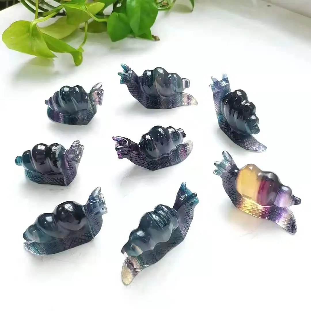 

High Quality Beautiful Animal Gemstone Carved Rainbow Fluorite Snail Polished Carving For Gift Decoration XZH