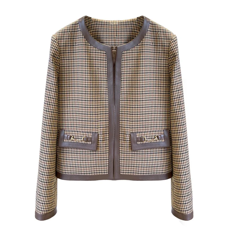 

Fall Clothes For Women Brown Tweed Plaid Cropped Jacket Long Sleeve All-Match Coat Street Fashion Tassel Cardigan Tops