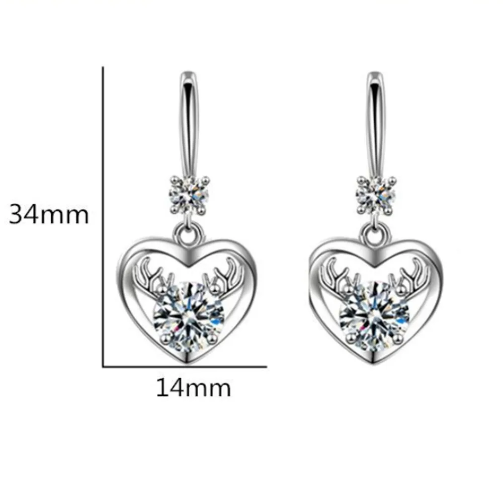 

925 Sterling Silver New Women's Fashion Jewelry Blue Pink Zircon Crystal Heart-shaped Deer Head Long Tassel Hook Earrings