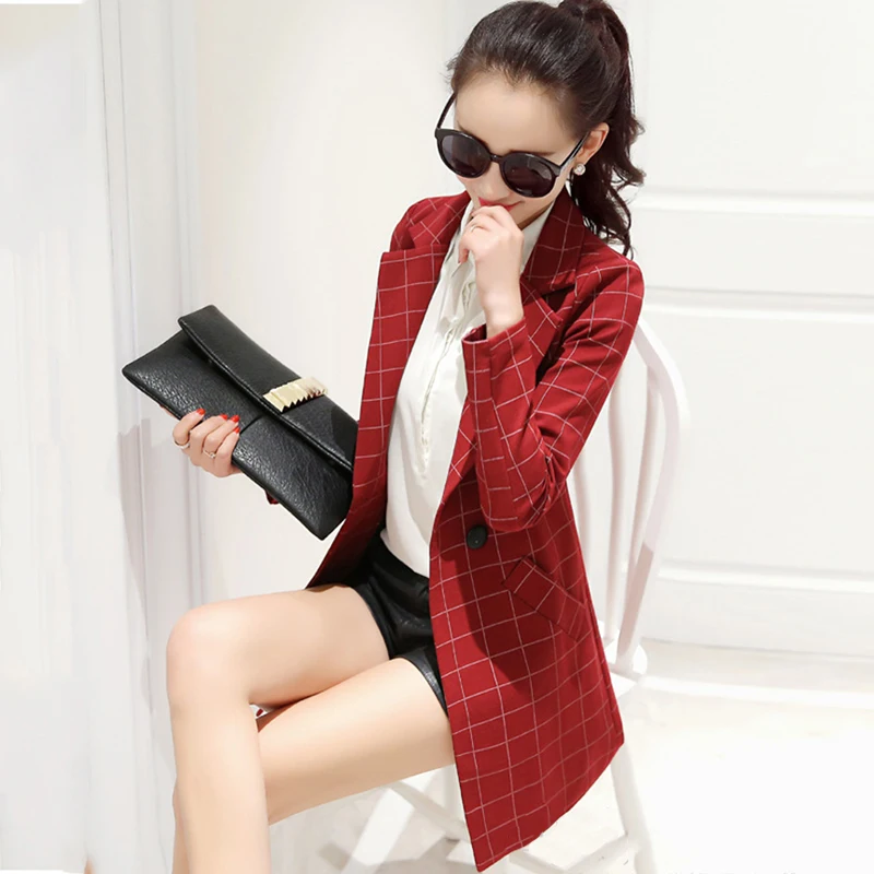

Women Long Plaid Blazer Spring Autumn Double Breasted Slim Notched Ladies Jacket Long Sleeve Pockets Coat for Female